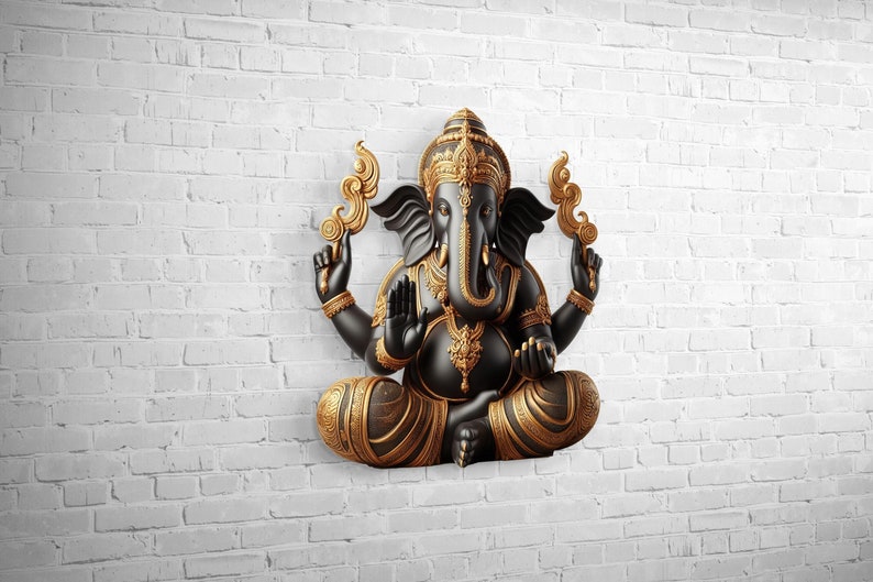 May include: A black and gold statue of the Hindu deity Ganesha, seated in a meditative pose. The statue is mounted on a white brick wall. The statue features intricate gold detailing on the crown, jewelry, and decorative elements.