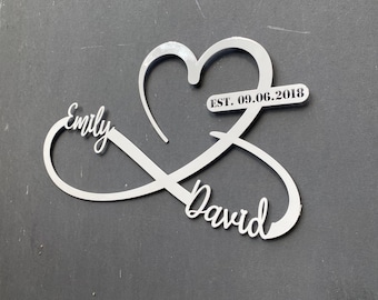 White Metal Heart and Infinity Customized Names and Date Sign, Custom Large Metal Wall Art, Home Decoration, Wedding, Contemporary Art