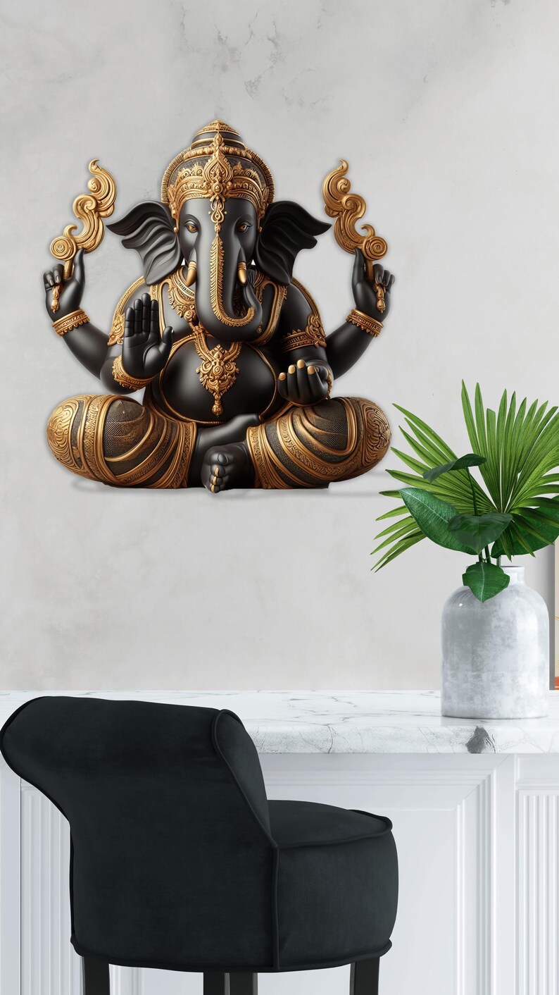May include: A black and gold statue of the Hindu deity Ganesha in a seated position. The statue features intricate detailing and is adorned with gold accents. The elephant-headed figure is a symbol of wisdom and prosperity.