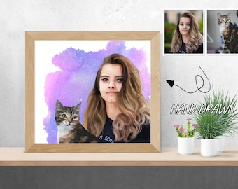 Custom pet and pet owner portrait,Custom dog portrait,Personalise digital pet portrait,Dog memorial, Cat memorial, Dog memorial gift,Family