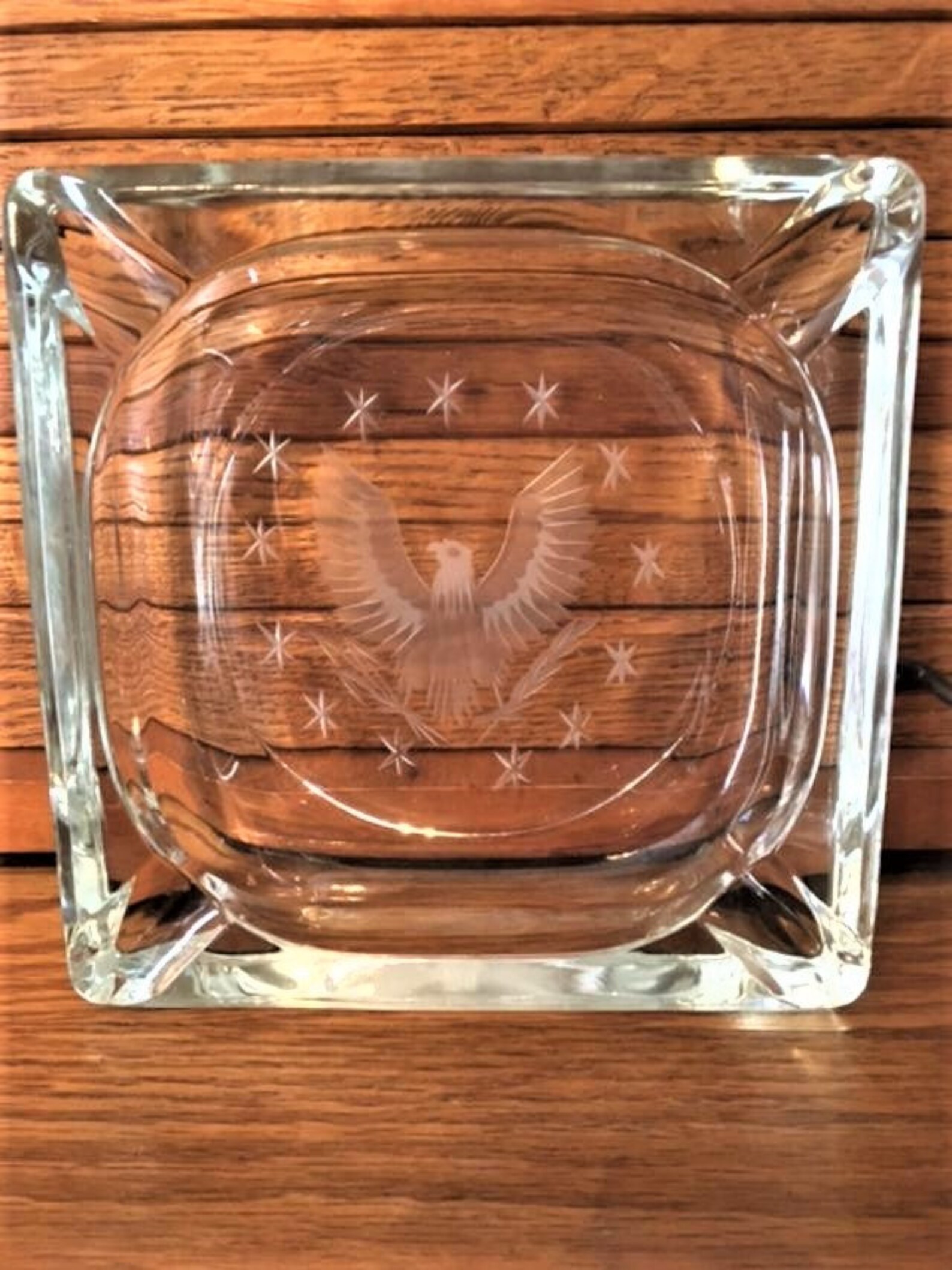 American Eagle Ashtray Heavy Clear Glass Etched Vintage Etsy
