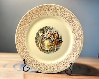 Vintage Sheffield USA American Limoges Colonial 22K Warranted Gold Trimied 10&quot; Plate Courting Couple, Cottagecore