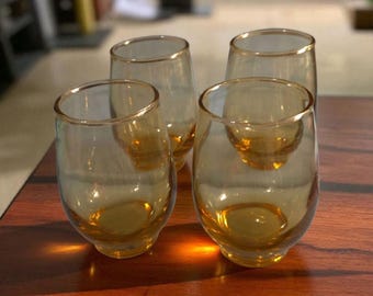 Libbey (4) Roly Poly Beverage Glasses Honey Color Cocktail Juice Mid Century Modern