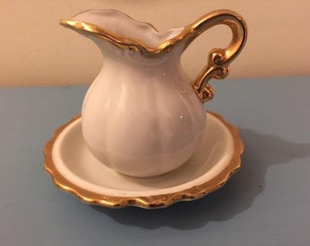 Miniature White and Gold Pitcher and Bowl Richelieu Armart 2180, Cottagecore, Grannycore