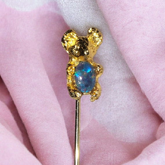 Stick Pin, Vintage Koala Bear Gold Tone Blue Faux 