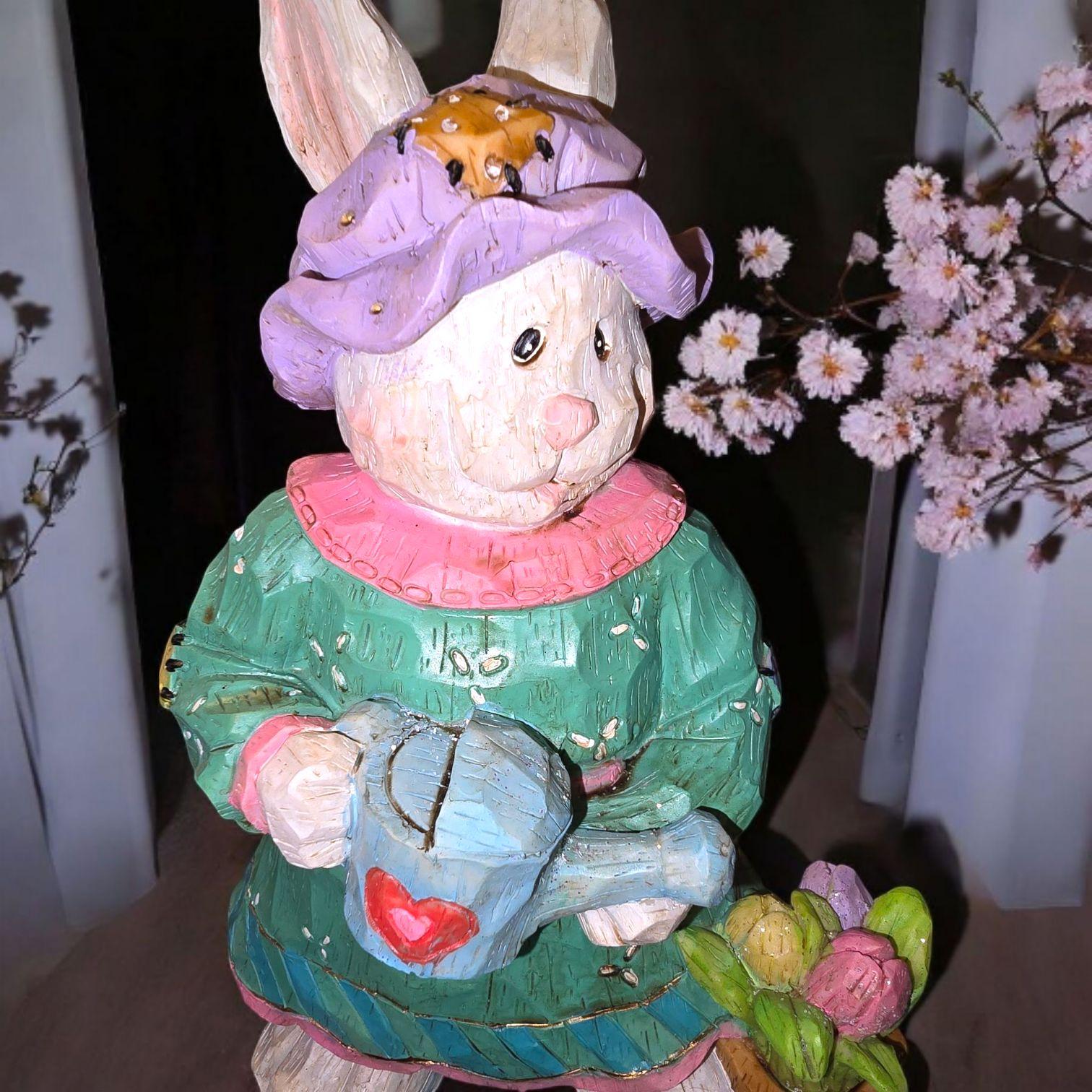 Bunny Figurine Resin With Watering Can and Basket of Flowers  Easter Bunny In Flower Watering Can Figurine New main image 0