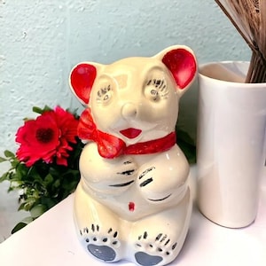 Bear Cookie Jar Red Ears and Red Bow, with Black Paws, Vintage Cookie Jar, Collectible Cookie Jar, Ceramic Vintage Cookie Jar (S101)