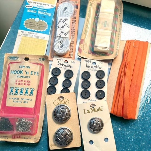 Sewing Notions Vintage Miscellaneous Lot of Buttons, Seam Binding, Hook & Eye Closures, Belt Backing, Polyester Elastic, Sewing Notions