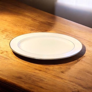 Vintage Noritake Pinnacle Oval Serving Platter 2019 Japan Fine Porcelain White Silver Trim 13.5&quot;  Collectible China