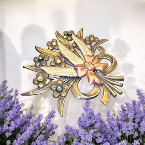 Vintage Bouquet Brooch Metal Brass Copper Color Multi Color Rhinestones  (G110)
