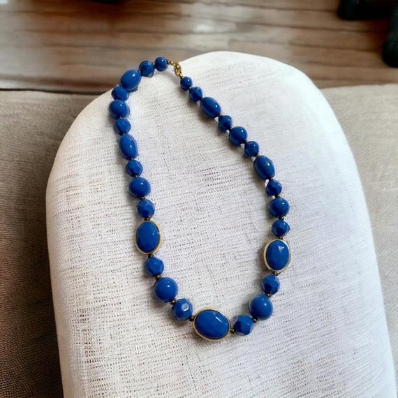 Necklace, Vintage Blue Choker Necklace Faceted an… - image 1