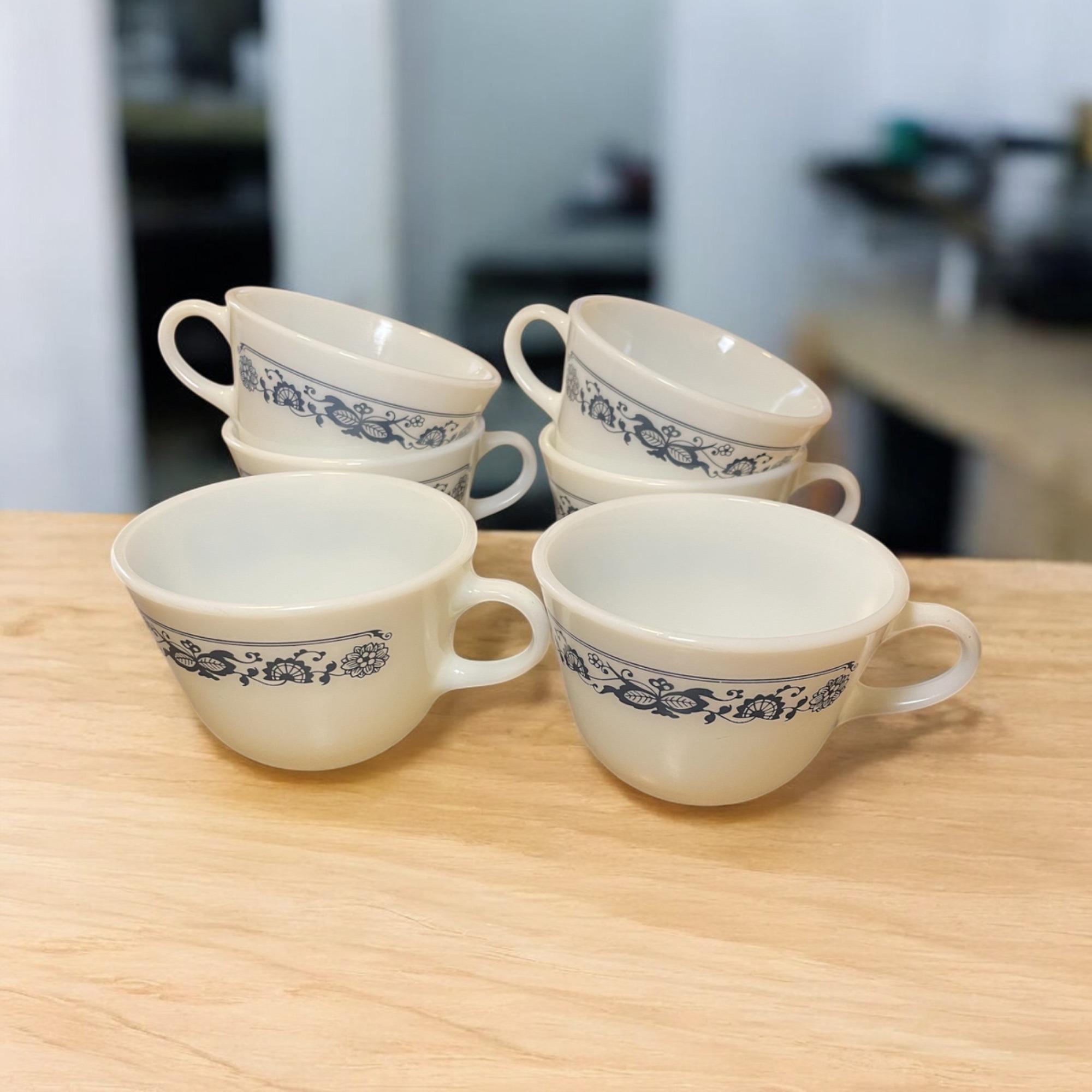 Pyrex G2 Pyrex Old Town Blue Floral Milk Glass Tea/coffee Cups (6) Stacking Blue ...