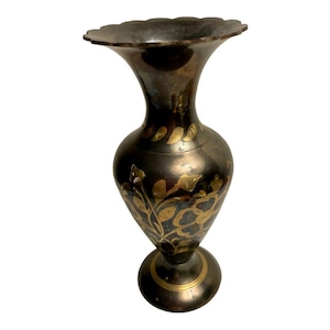 Vintage Brass Black Enamel Etched Vase, Floral Design Appears to be Hand Etched (PI)