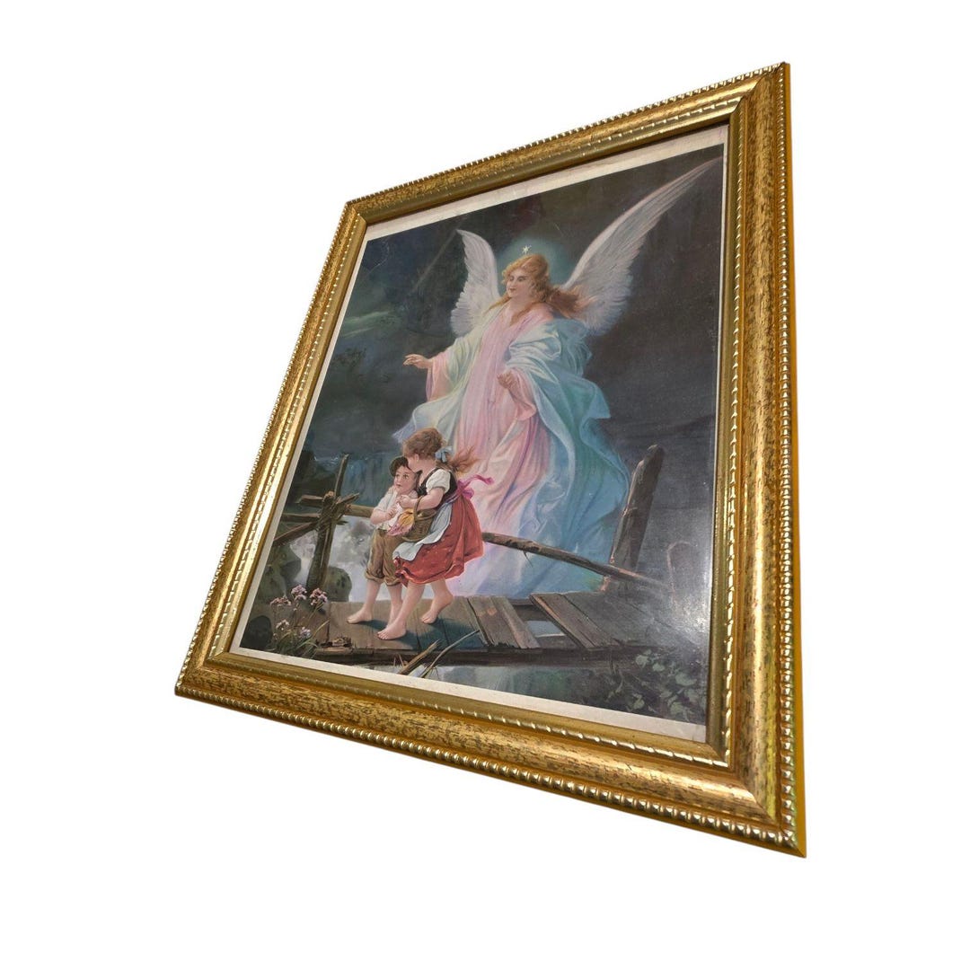 Guardian Angel Framed Wall Art Print With Children in Vintage Gold Gilt ...