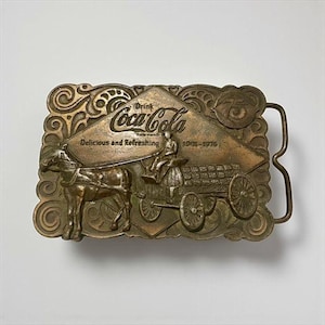 Coca-Cola 75th Anniversary Belt Buckle 1901-1976 Bronze Embossed Horse & Cart Collectible (BW4)