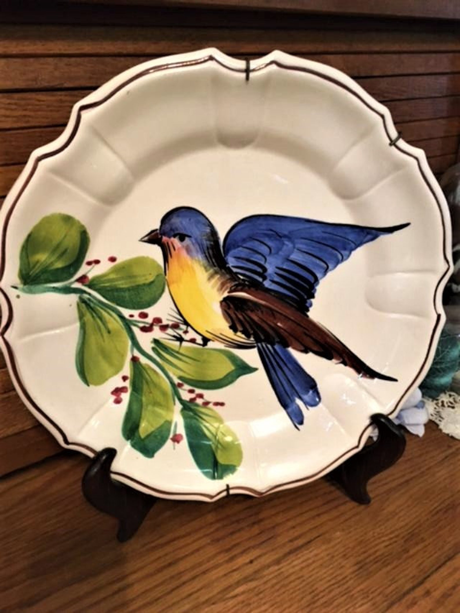 Vintage Hand Painted Decorative Plate Blue Bird With Hanger Etsy
