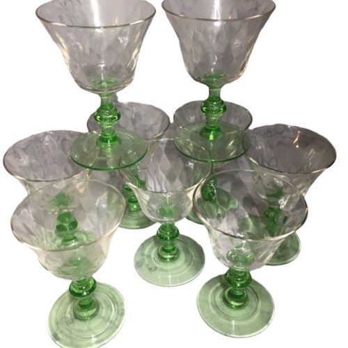 Nine Vintage Cordial Uranium Green Drinking Glasses, Stemmed Glass Diamond Pattern store Glasses, Table Decor, Collectible Glass