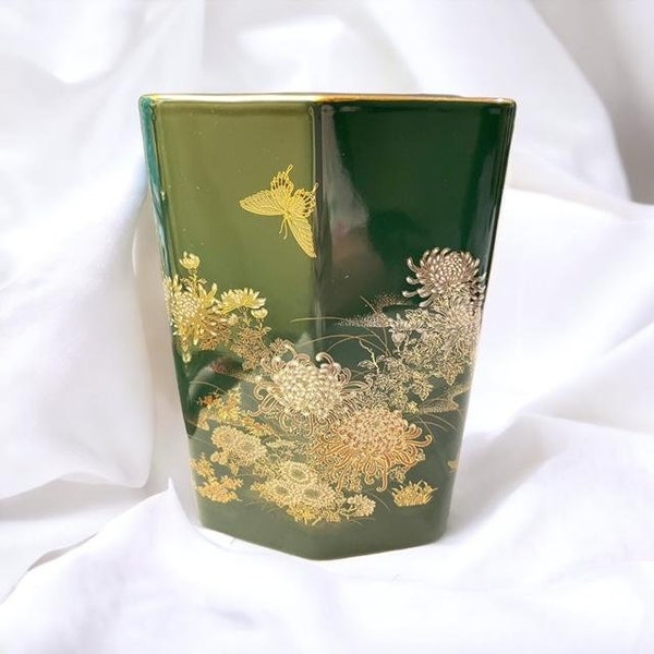 Vintage TOYO Jade Kiku Japan Green Floral Vase Gold Accents 7 Inches Tall Polygon Vase Floral with Butterflies (PI3)