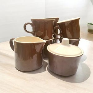 Vintage Brown Coffee Mugs (6) with Creamer and Sugar Set, Coffee Bar, Serveware