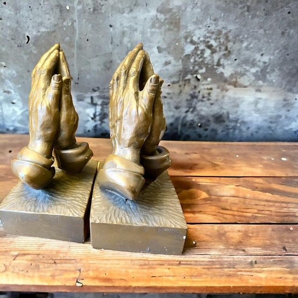 Albrecht Durer's Betende Hande Praying Hands Sculpture Bookends (2) By Brower, Vintage Bookends, Figurines, Reglious READ