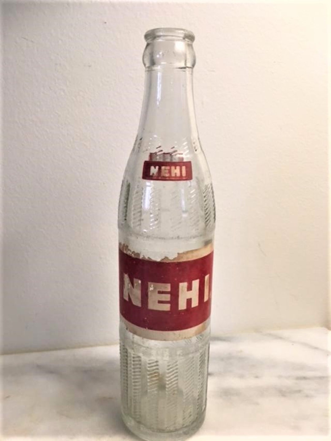 Vintage Nehi Soda Bottle Clear Glass Red White Logo ACL Bottle