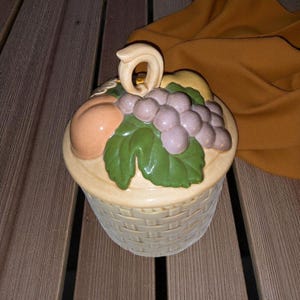 Ceramic Fruit & Flower Basket Design Lidded Jar 1980 Weave Motif Canister