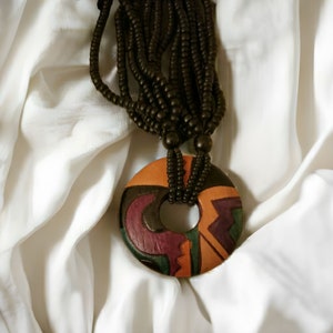 Necklace Wooden Tribal Necklace Carved Wooden Pendant, Vintage Boho Chic