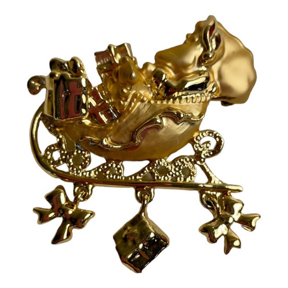 Brooch Danecraft Santa's Sleigh Gold Tone with Th… - image 1