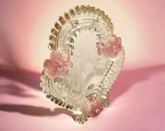 Venetian Murano Glass Table or Wall Mirror, Vanity Mirror, Vintage Pink Clear Murano Mirror, Made in Italy
