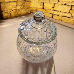 HJG Clear Glass Apothecary Jar With Lid Diamond Cut Signed, Collectible Glass, Candy Dish Home Decor (G2)
