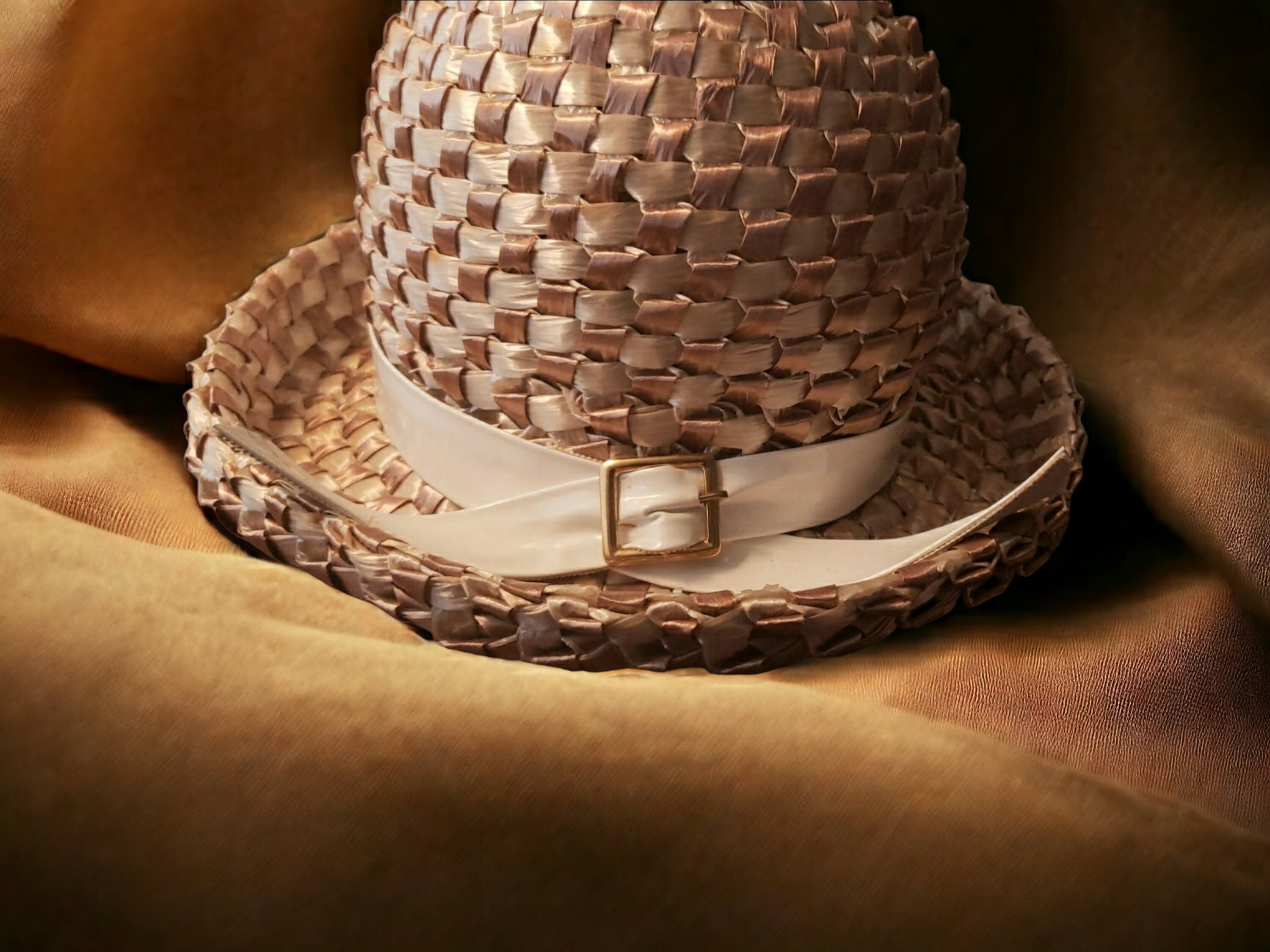 NWT Original Mr. John Classic Wide Brim Hat w/Mettalic Gold Large Rose Flower Vintage Mr. John Classic Wide Brim Cream & Rose Flower Wool  main image 2