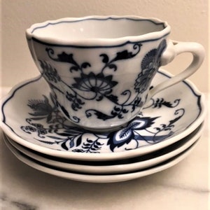 Blue Danube Bone China Cup and Three Saucer Plates Made in Japan Vintage Blue Onion Design, Cottagecore