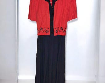 Vintage Floral Embroidered Dress, Orange & Black, Size 14 (600)