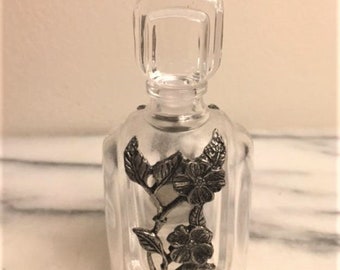 Cristal Perfume Bottle Made in France VCA Perfume Bottle with Pewter? Flowers Vintage Perfume Bottle
