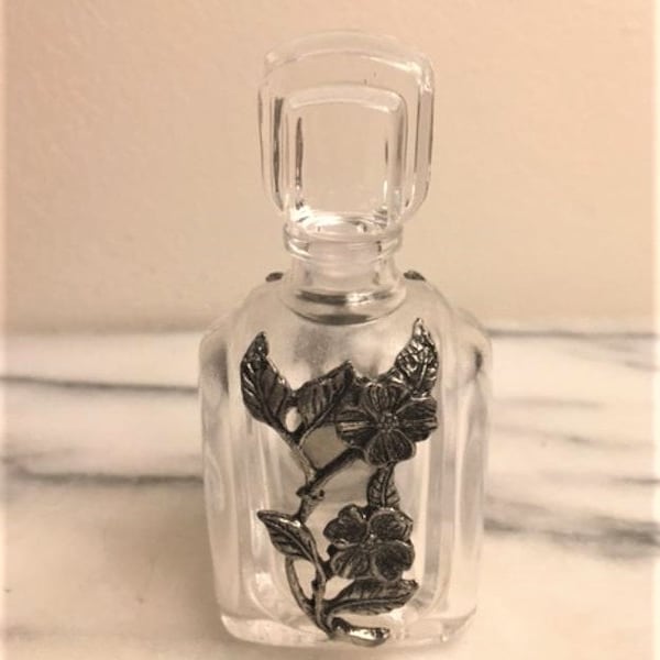 Cristal Perfume Bottle Made in France VCA Perfume Bottle with Pewter? Flowers Vintage Perfume Bottle