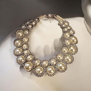 Elegant Double-Strand Faux Pearl & Silver-Tone Choker Necklace Adjustable (C100)