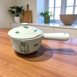 Vintage Dru Holland Seafoam Green Tulip Cast Iron Saucepan w Lid #12 Collectible READ