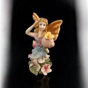 Vintage Fairy Figurine Ceramic Intricate Design, Iridescent Wings of Orange and Brown Hues (PI2)