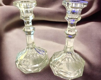 Vintage Crystal Glass Candle Holders, Octagonal Design, 7" Tall