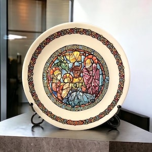 Porcelain Collector&#39;s Plate D&#39;Arceau Limoges Noel Vitrail Dans La Creche #AV751 , Cradle of Baby Jesus, Mary & Joseph Adore Him Plate Hanger