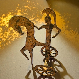 Etruscan Style Horse and Chariot Ancient Warrior Sculpture w Patina