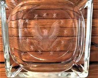 American Eagle Ashtray Heavy Clear Glass Etched Vintage Tobacciana