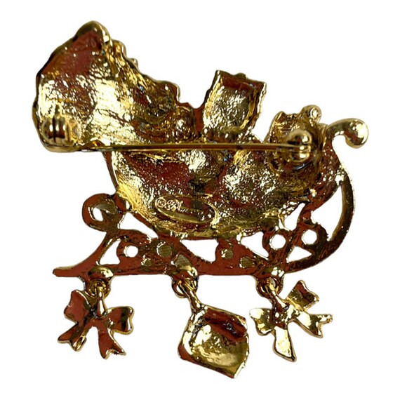 Brooch Danecraft Santa's Sleigh Gold Tone with Th… - image 5