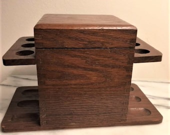 Vintage Walnut Wooden Pipe Stand Tobacco Humidor Holds 6 Pipes with Pipe Tools Vintage Walnut Wooden Pipe Stand Tobacco Humidor Holds 6 Pipes with Pipe Tools