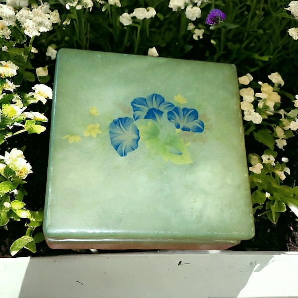 Alabaster Jewelry Trinket Box Hinged Green with Blue Yellow Flowers, Vintage Alabaster Box, Vanity READ