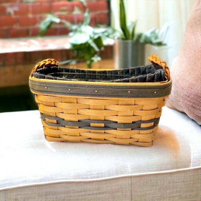 Longaberger Pantry Basket, 1998, Long/narrow Woven Wood Basket W/ Leather  Handles, Fabric Liner & Plastic Divided Insert, Vintage 