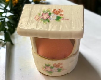 Pin Cushion Bone China Wishing Well Made in Taiwan, Vintage Pin Cushion with Thimble Holder, Sewing Notion, Grannycore