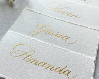 Deckle Edge Wedding Place Cards – Gold Calligraphy Name Cards
