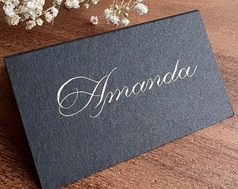 Custom Calligraphy Place Cards - Black & Gold, Tented Name Cards