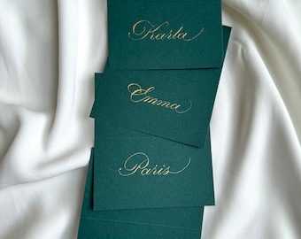 Custom Calligraphy Tented Place Cards - Tented Place Cards - Gold Calligraphy Place Cards - Green Placecards - Name Cards